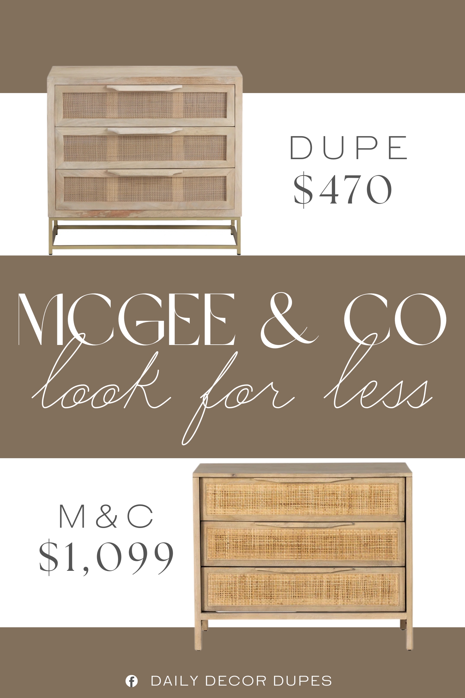 McGee & Co Margaery Nightstand Dupe. Crafted from solid mango wood with a light brown, natural wood grain finish. Three spacious drawers featuring natural woven cane inserts for a touch of texture.