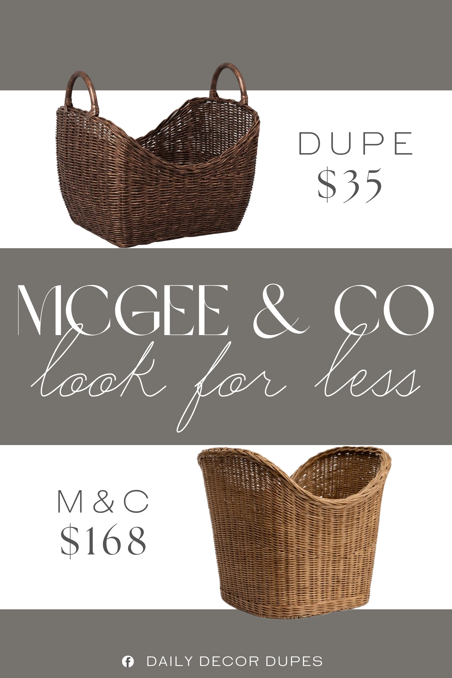 McGee & Co Millie Woven Basket Dupe. Handcrafted from rattan, this large basket in a dark brown stain finish with curved edges bring extra visual interest and textural flair to any home space.