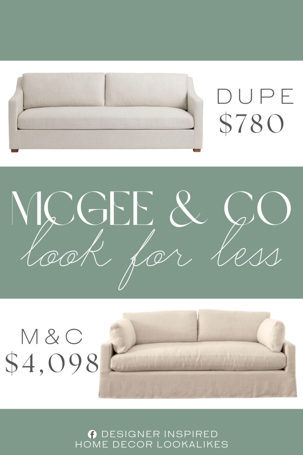 McGee & Co Rowan Slipcovered Sofa Dupe. Made of composite wood, engineered wood, legs with light natural finish, and polyester upholstery.
