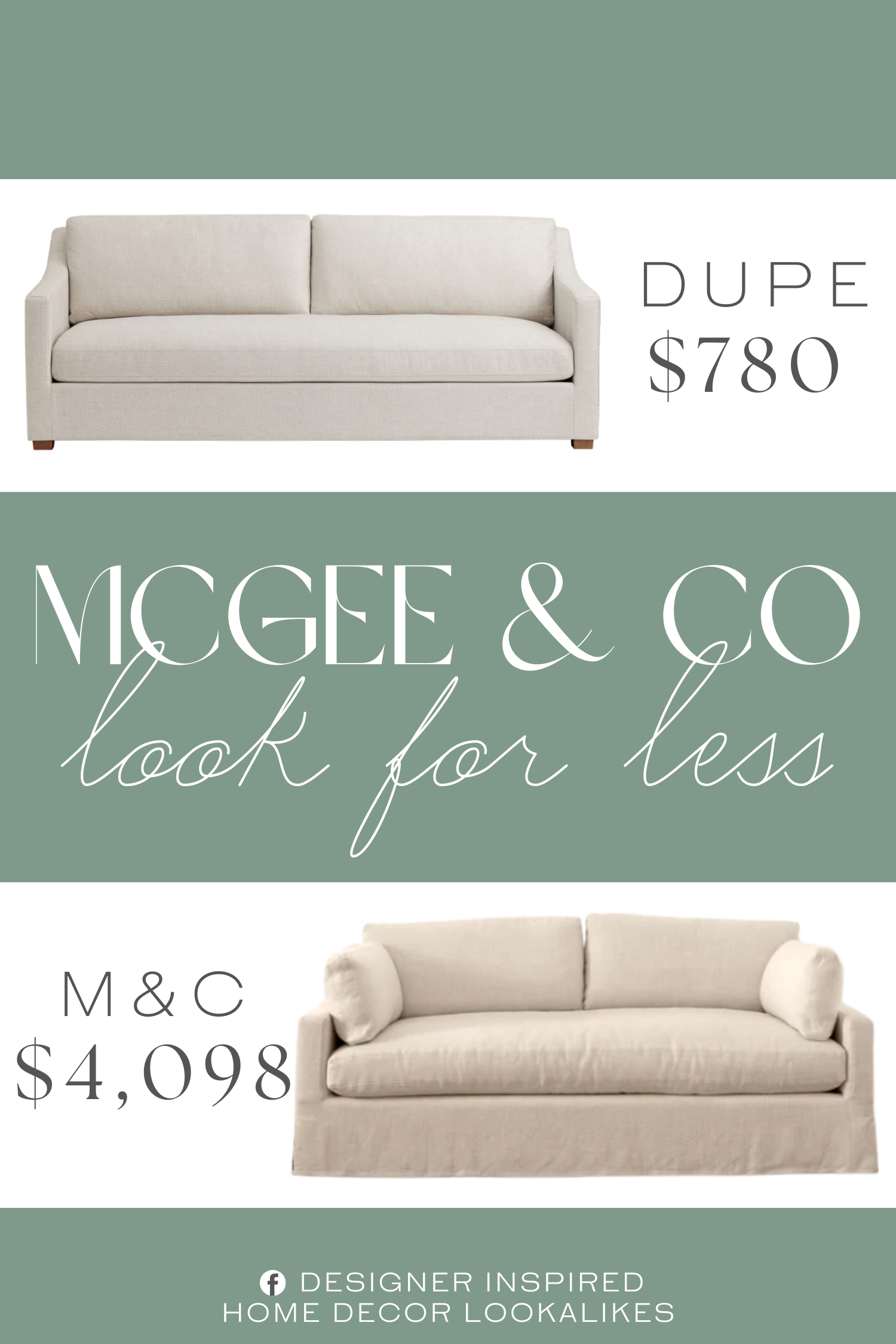 McGee & Co Rowan Slipcovered Sofa Dupe. Made of composite wood, engineered wood, legs with light natural finish, and polyester upholstery.