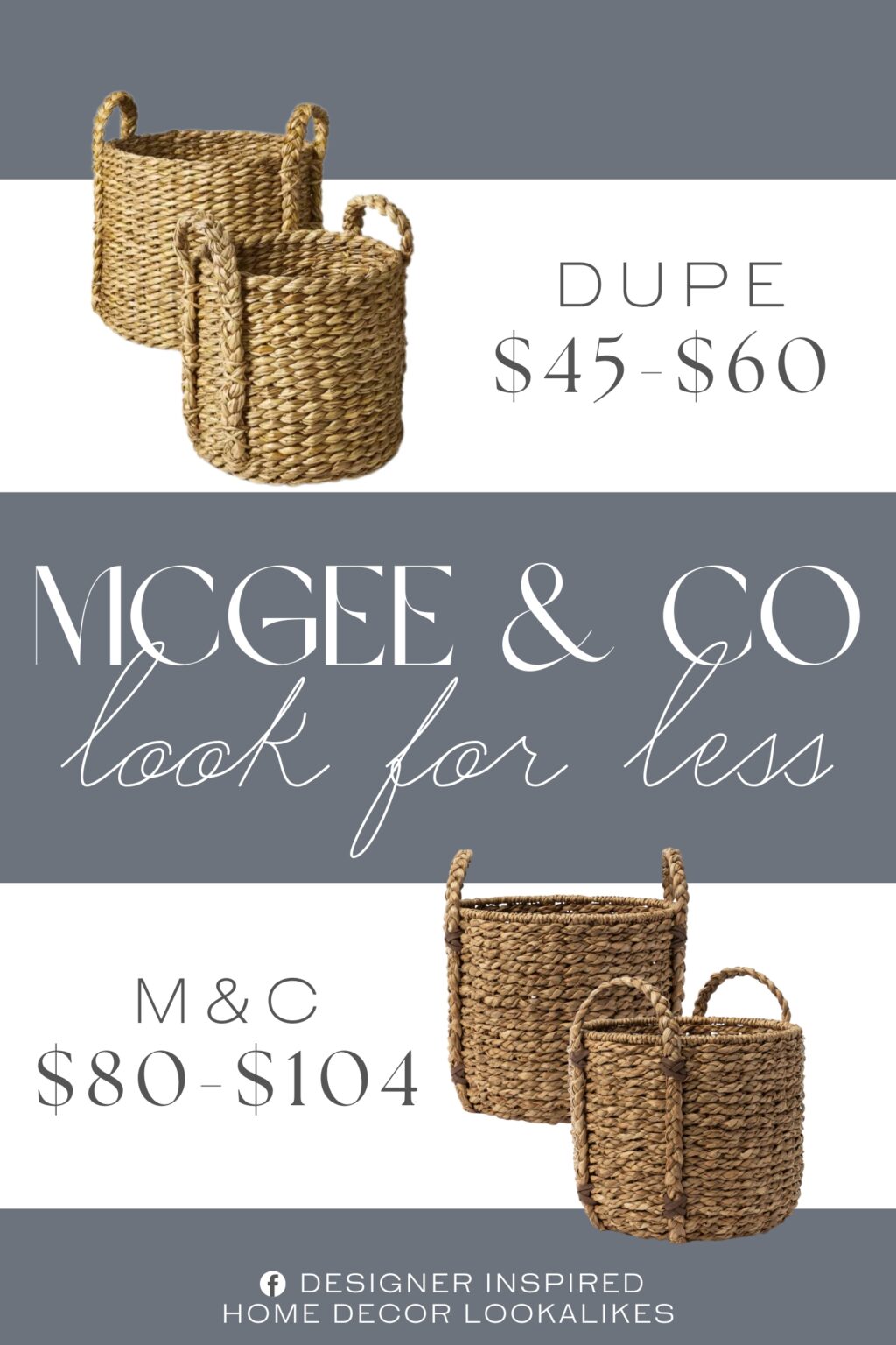 McGee & Co Salter Woven Basket Dupe. Made from water hyacinth material. Open top. Two integrated side handles. Round shape.