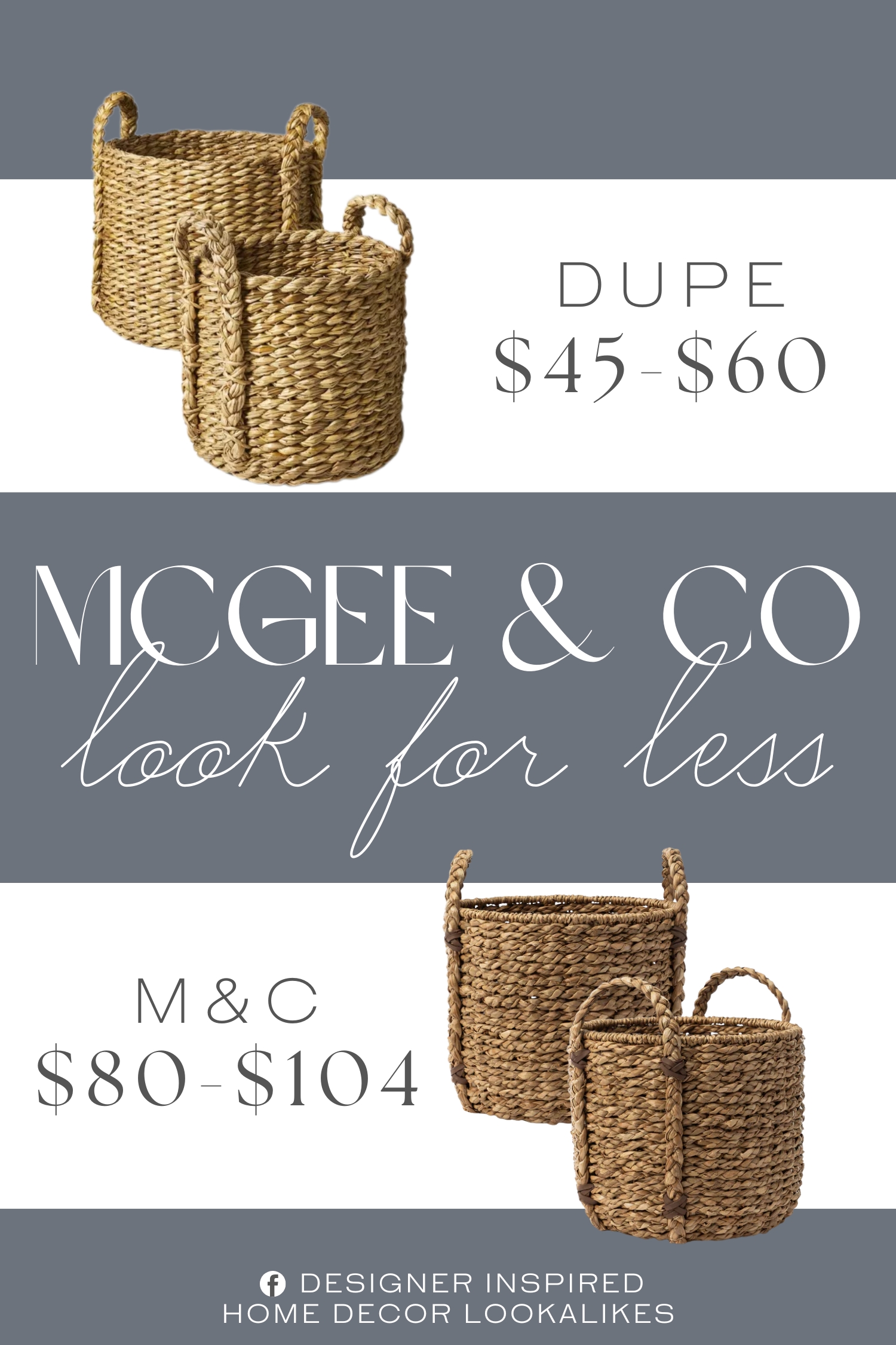 McGee & Co Salter Woven Basket Dupe. Made from water hyacinth material. Open top. Two integrated side handles. Round shape.