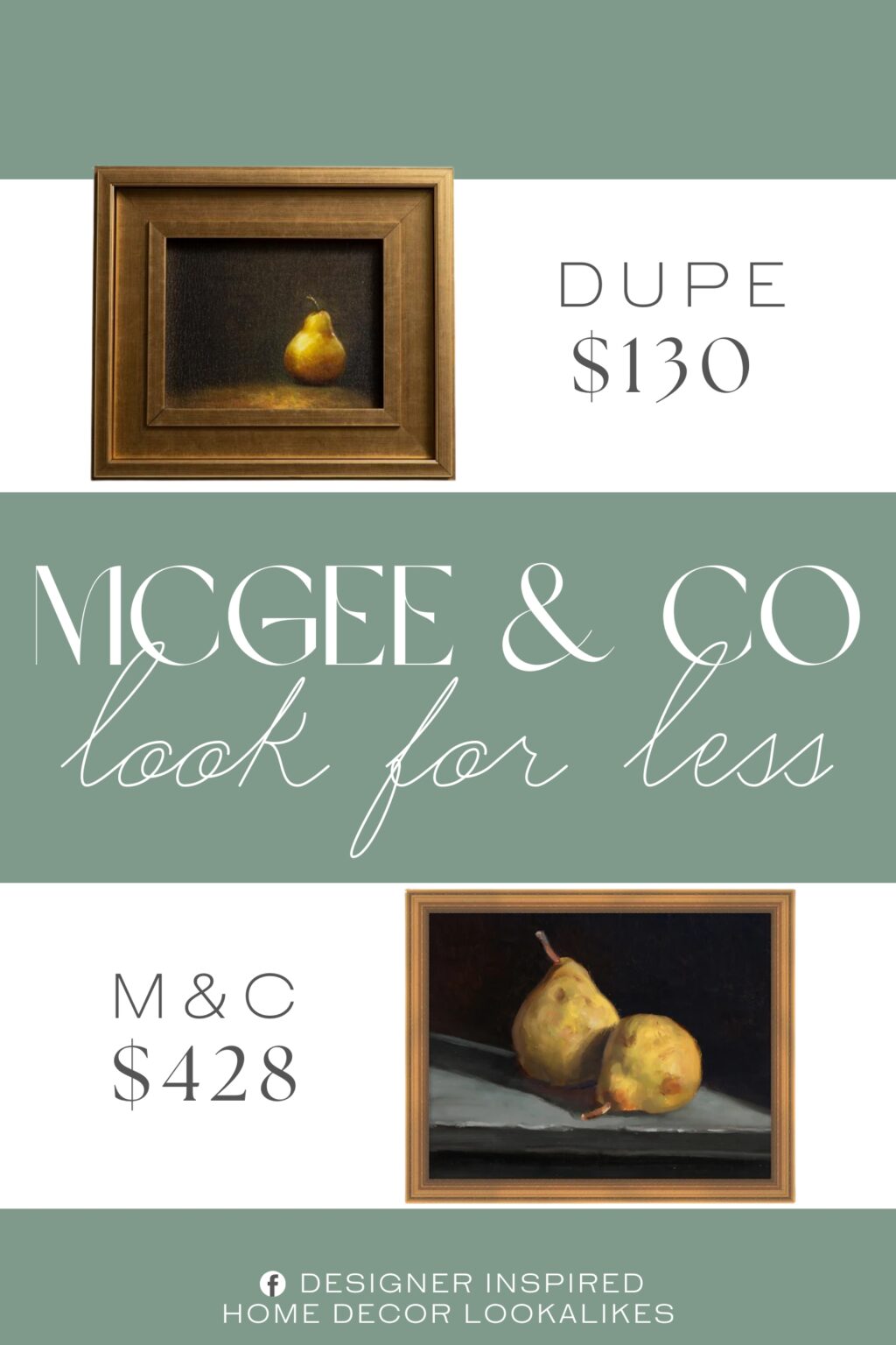 McGee & Co Still Life with Pears Dupe. gold tone frame, hand embellished, fruit image. sawtooth attachment for hanging.