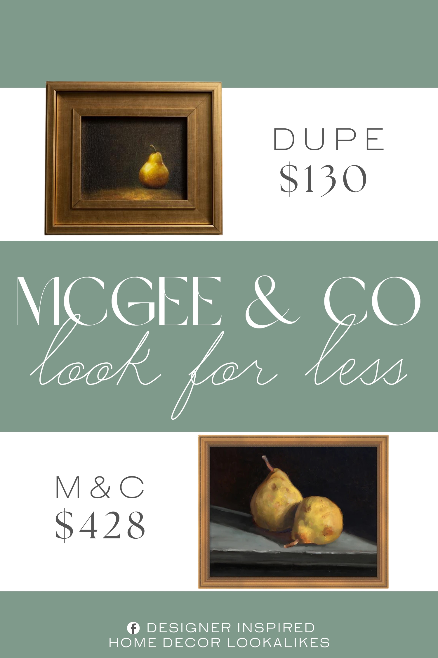 McGee & Co Still Life with Pears Dupe. gold tone frame, hand embellished, fruit image. sawtooth attachment for hanging.