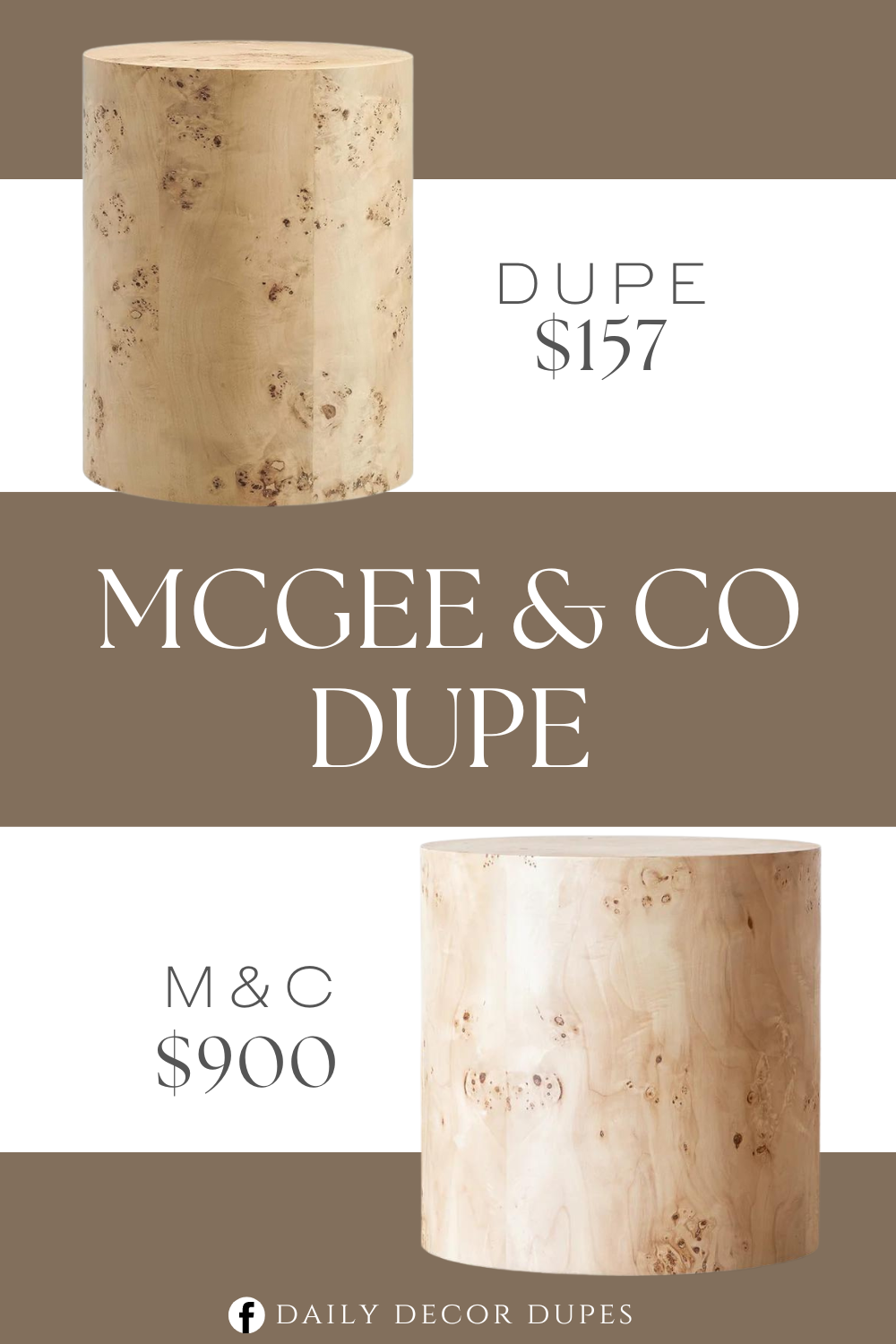 Mcgee & Co Burl Wood Side Table Dupe. Wood top material. Wood frame material. Round shape. Organic and modern contemporary table. Modern aesthetic living room furniture. Product dimension 16"D x 16"W x 20.5"H.