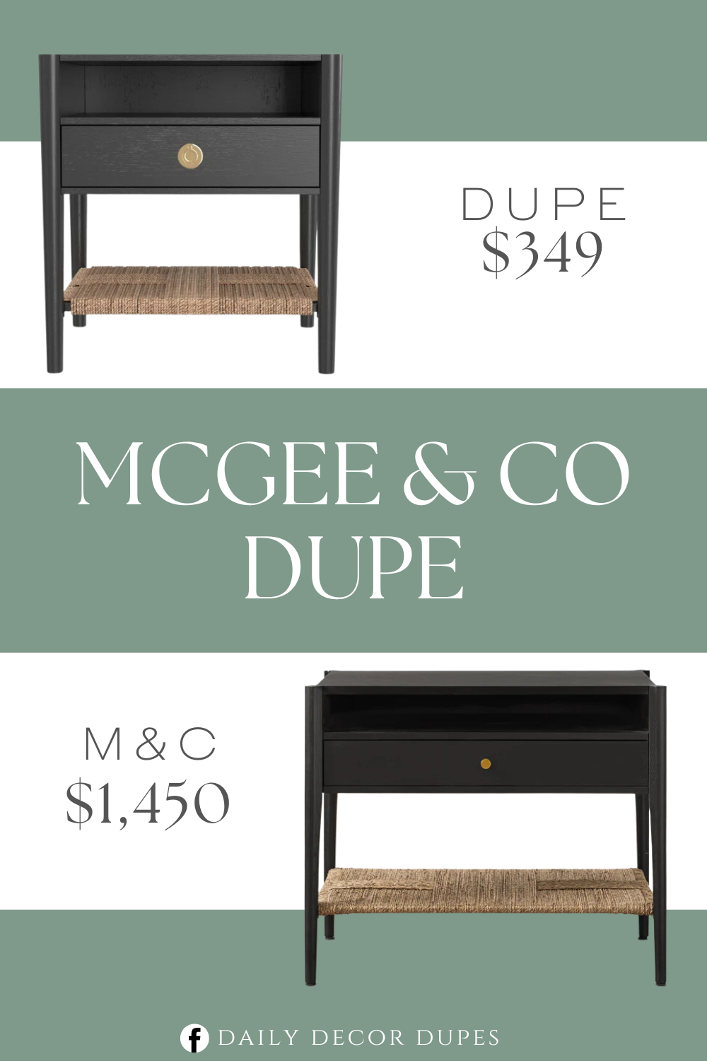 Mcgee & Co Dana Nightstand Dupe. Fully assembled. Top open shelf. Woven bottom shelf. Drawer with metal ball bearing glides. Brass finish knobs.