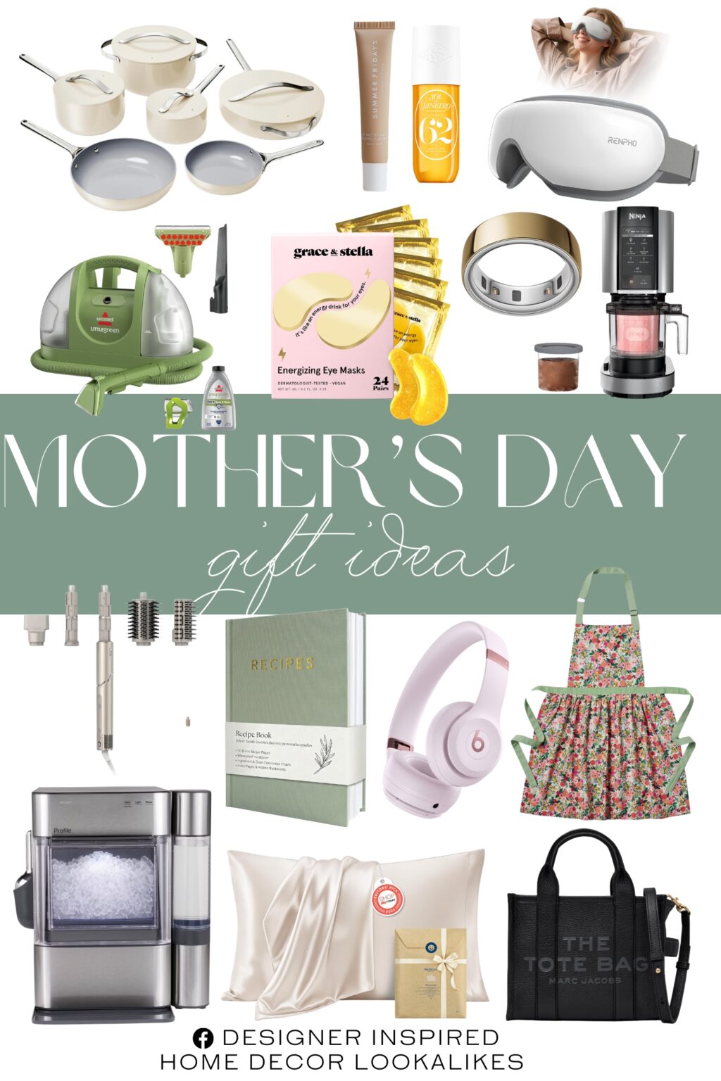 Mother’s Day Gift Ideas. Sol de Janeiro Cheirosa. Oura Ring 4. Lip Butter Balm. FlexStyle® Air Styling & Drying System. Cookware & Minis Set. The Leather Small Tote Bag. Bedsure Satin Pillowcase. ZICOTO Aesthetic Blank Recipe Book. Beats Solo 4 Bluetooth Headphones. GE Profile Opal 2.0 Ultra Nugget Ice Maker. Ninja 0.5qt CREAMi. RENPHO Eye Massager. grace & stella Under Eye Mask. BISSELL Little Green Vacuum Cleaner.