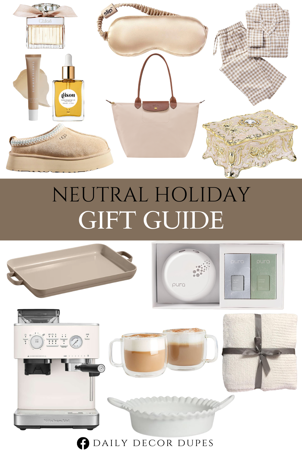 Neutral Holiday Gift Guide. Original L Tote bag. Silk Sleepmask. Honey Infused Hair Oil. Griddle Pan. Knit Throw Blanket Super Soft Warm Blanket. mart Home Fragrance Device Starter Set V3. Belvedere Flannel Pajamas. Cappuccino Glass Mugs. Lip Butter Balm for Hydration & Shine. Mud Pie White Ceramic Cinnamon Roll. Eau de Parfum. Semi-Automatic Espresso Machine in Porcelain White. Vintage Jewelry Box.