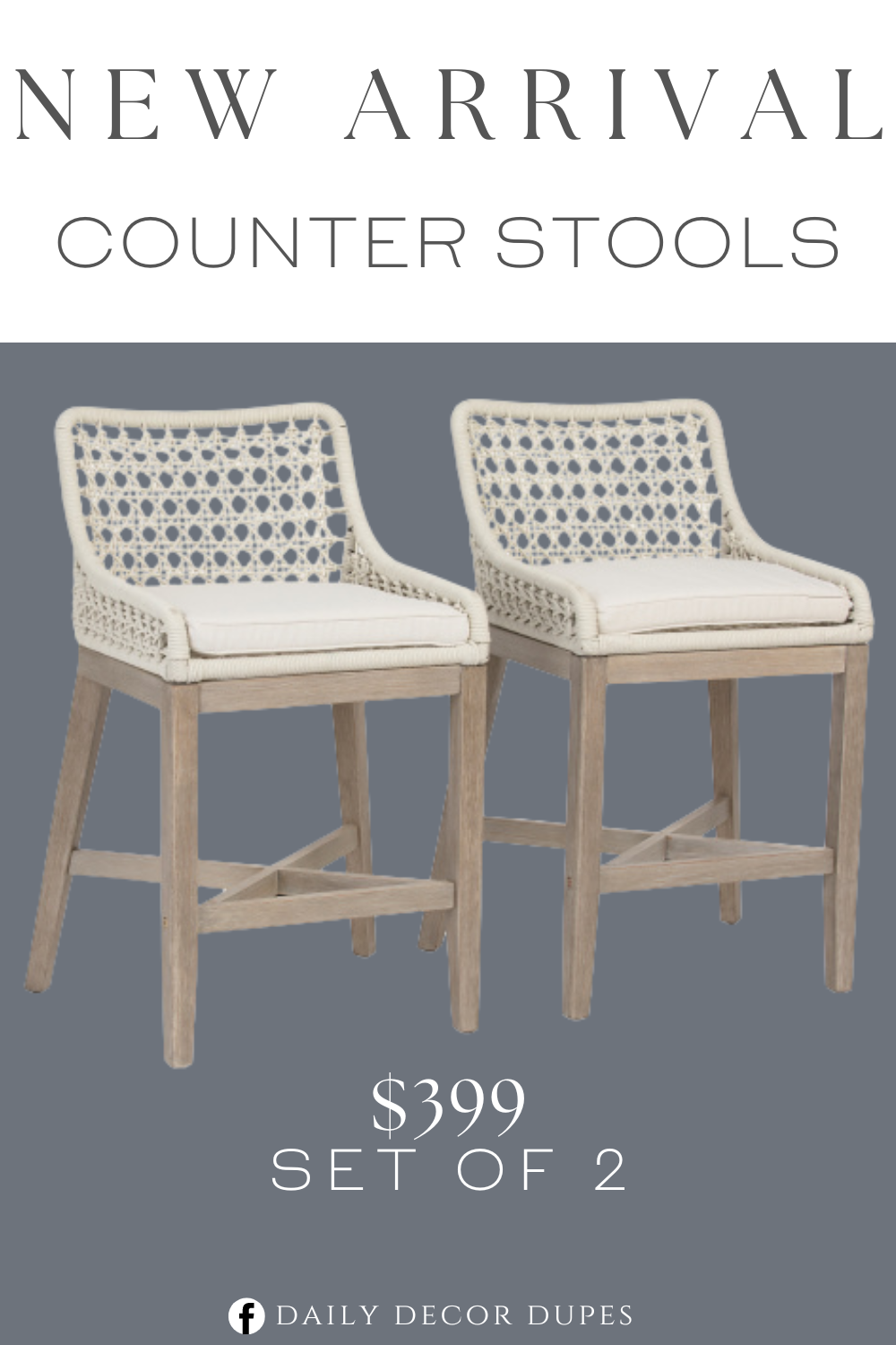 New Arrival Counter Stools. Set of 2 stools. Woven design and removable seat cushions with zippered covers. Indoor and outdoor use. Driftwood grey finish. Filled polyurethane foam pad and polyester fiber batting.