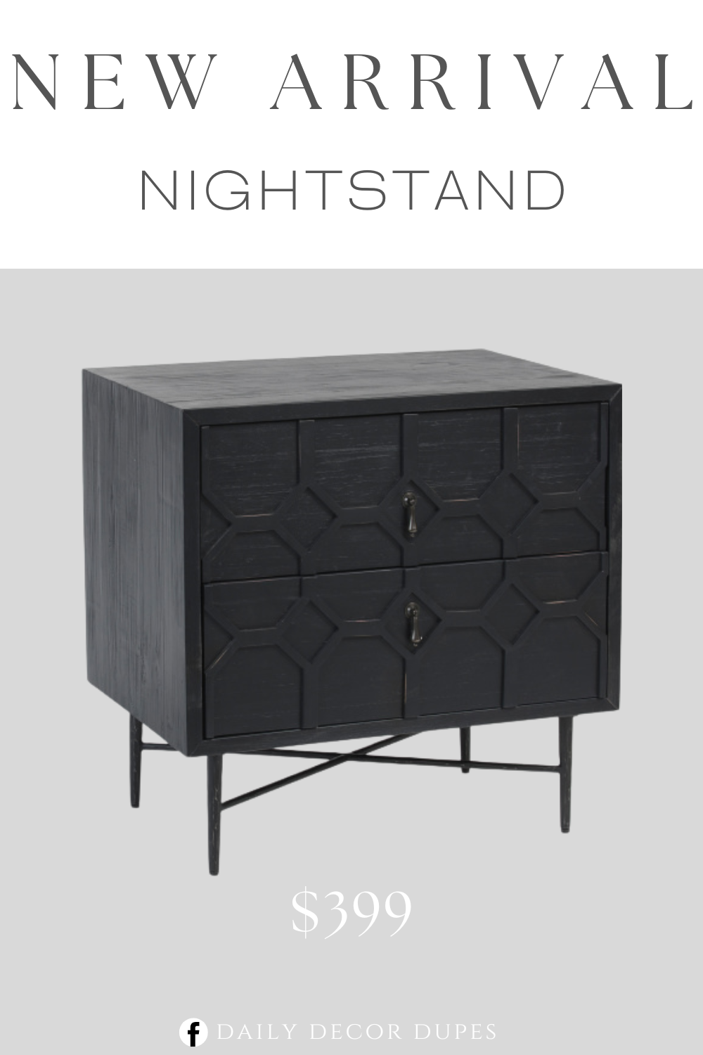 New Arrival Nightstand. 2 drawers for ample storage, geometric pattern, iron base. Product dimension 20in W x 28in H x 28in L.