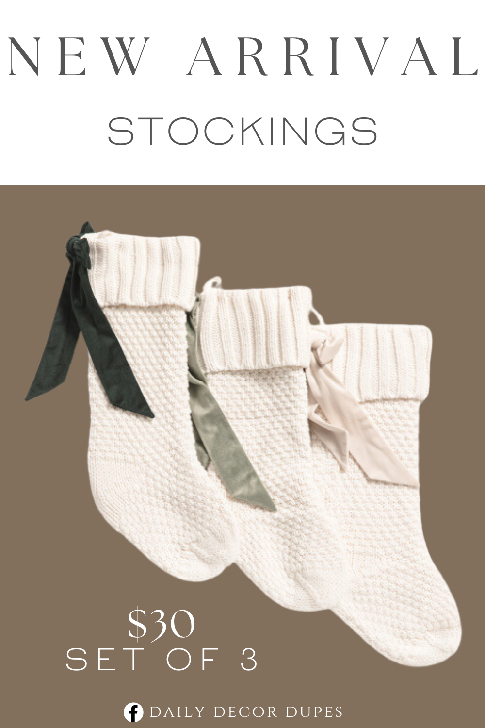 New Arrival Stockings. Spot clean only and bow accents. Knit design with set of 3.