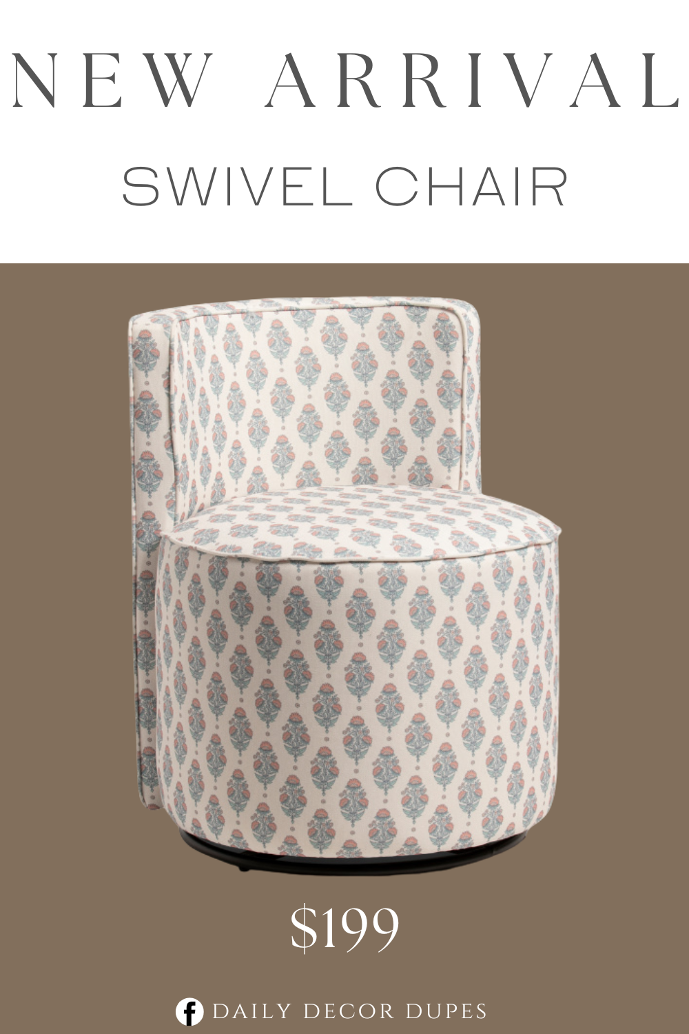 New Arrival Swivel Chair. Printed pattern and 360 degree swivel. Cushioned back and seat, block print. Filled with polyurethane foam pad/polyester fiber batting. Overall dimension 23in D x 29.5in H.