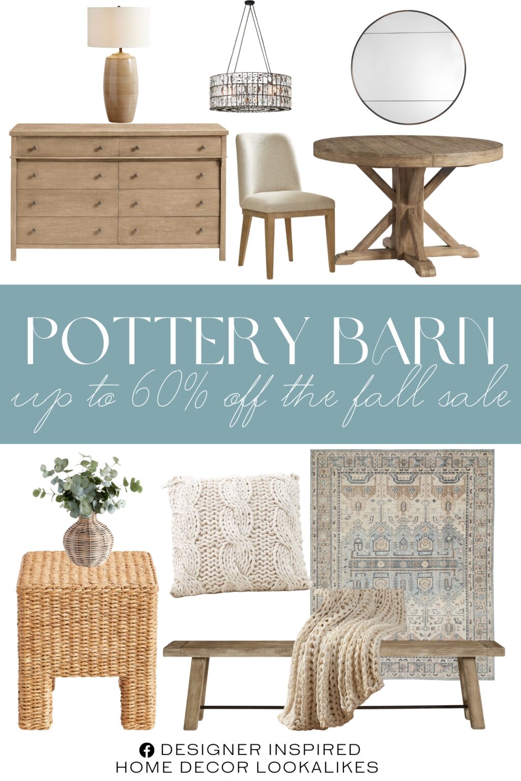 Pottery Barn The Fall Sale. Cardiff Square Woven Side Table. Berke Round Wall Mirror. Layton Upholstered Dining Chair. Adeline Crystal Round Chandelier. Marin Ceramic Table Lamp. Benchwright Dining Bench. Colossal Handknit Pillow. Toulouse 8-Drawer Dresser. Colossal Ribbed Handknit Throw. Nicolette Hand-Knotted Wool Rug.