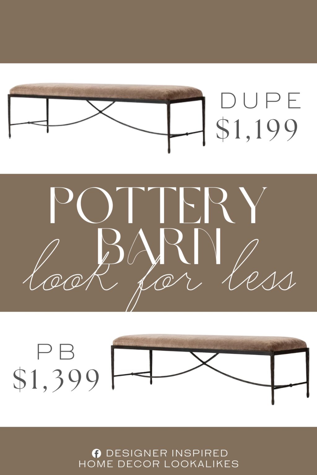 Pottery Barn Wynslow Accent Bench Dupe. The Maelis Bench combines luxurious upholstery with a plush cushion, set on a striking hammered bronze and textured bronze-finished iron frame.