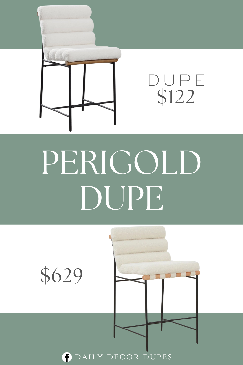 Perigold Macibella Channel Tufted Boucle Counter Stool Dupe. The counter stool is designed with deep tufted fax fur upholstery seat and back cushion, simple and gorgeous. High metal legs attached with black footrest ensure stability and comfortable sitting experience.