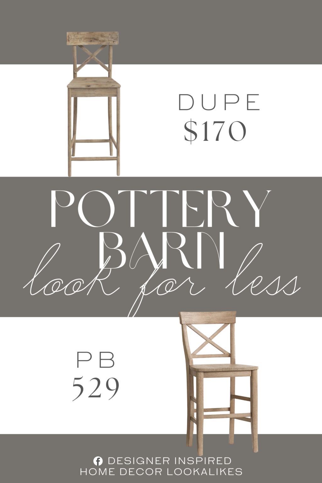 Pottery Barn Aaron Bar Stool Dupe. This stool features an x-back design with a solid wooden seat. The stool features a rustic design with a natural finish.
