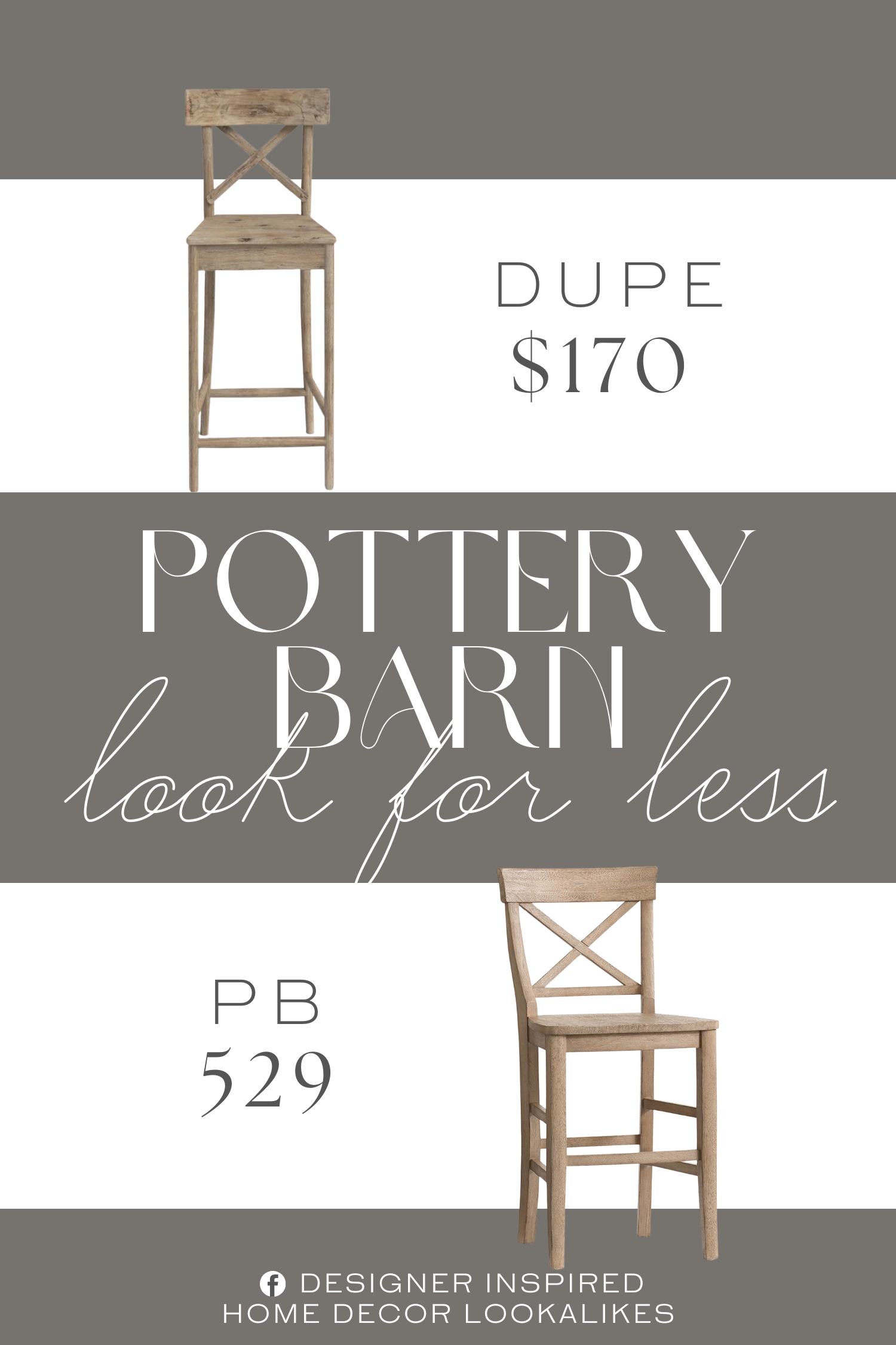 Pottery Barn Aaron Bar Stool Dupe. This stool features an x-back design with a solid wooden seat. The stool features a rustic design with a natural finish.