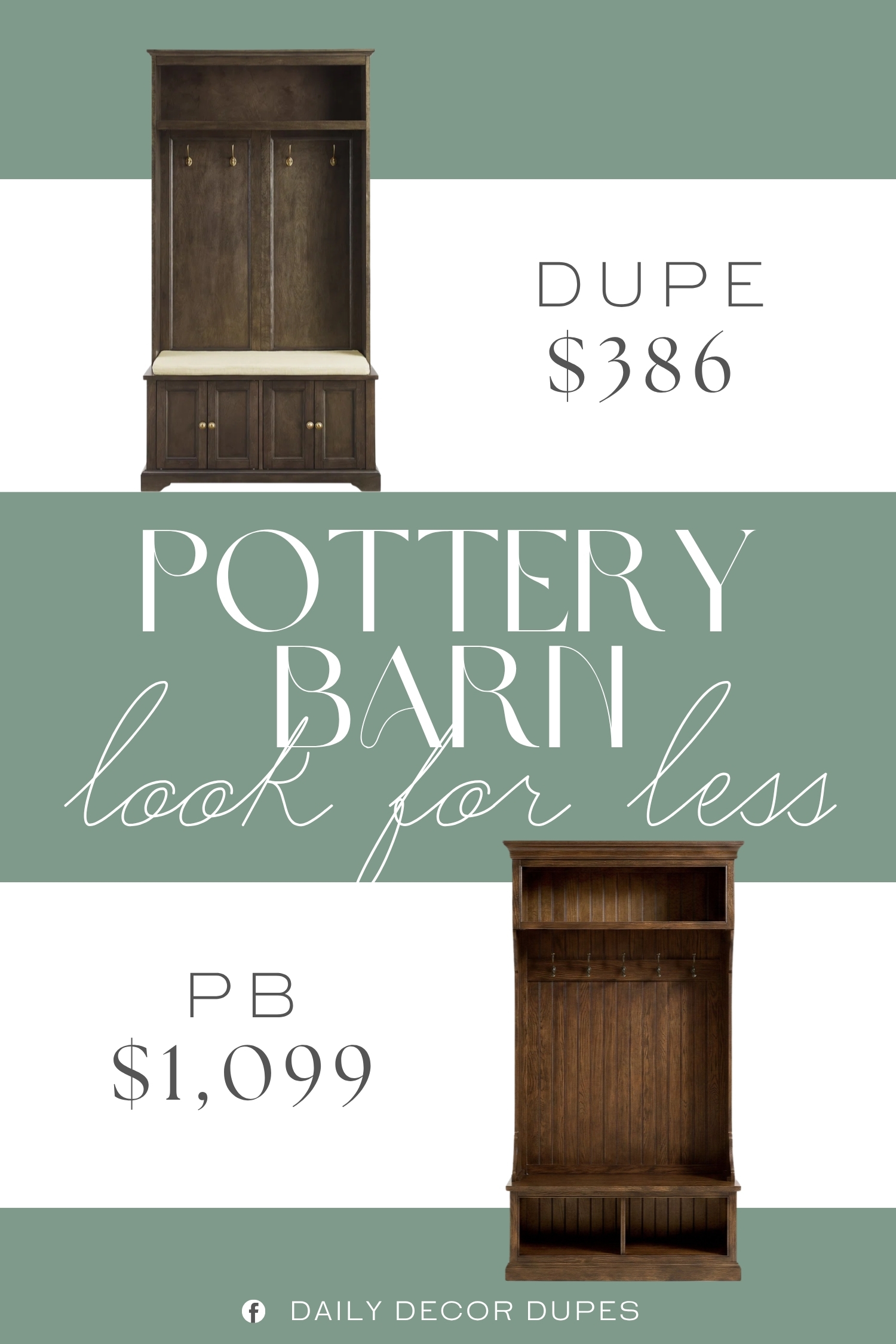 Pottery Barn Aubrey Hall Tree Dupe. Featuring a sizable bench and two storage cabinets with adjustable shelves, you can easily sit down and tuck away your shoes at the end of the day. The open stationary shelf corrals smaller items while the four double-prong hooks keep coats and hats accessible.