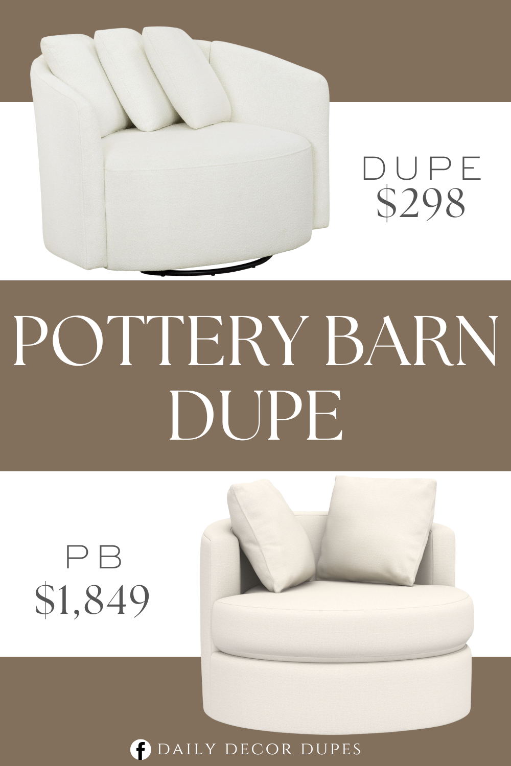 Pottery Barn Balboa Swivel Chair Dupe. Stain-treated boucle fabric upholstery. Spacious, extra-large oversized seat. 3 plush, accent pillows. 360 degree metal swivel base.