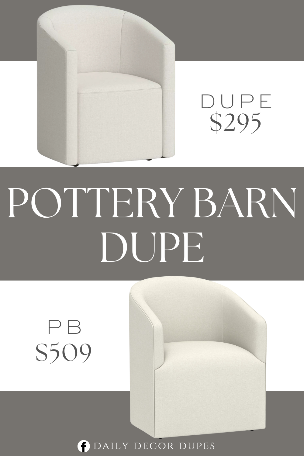 Pottery Barn Baldwin Upholstered Barrel Back Dining Chair Dupe. Padded seat and curved back. Solid hardwood frame. Cream linen upholstery.