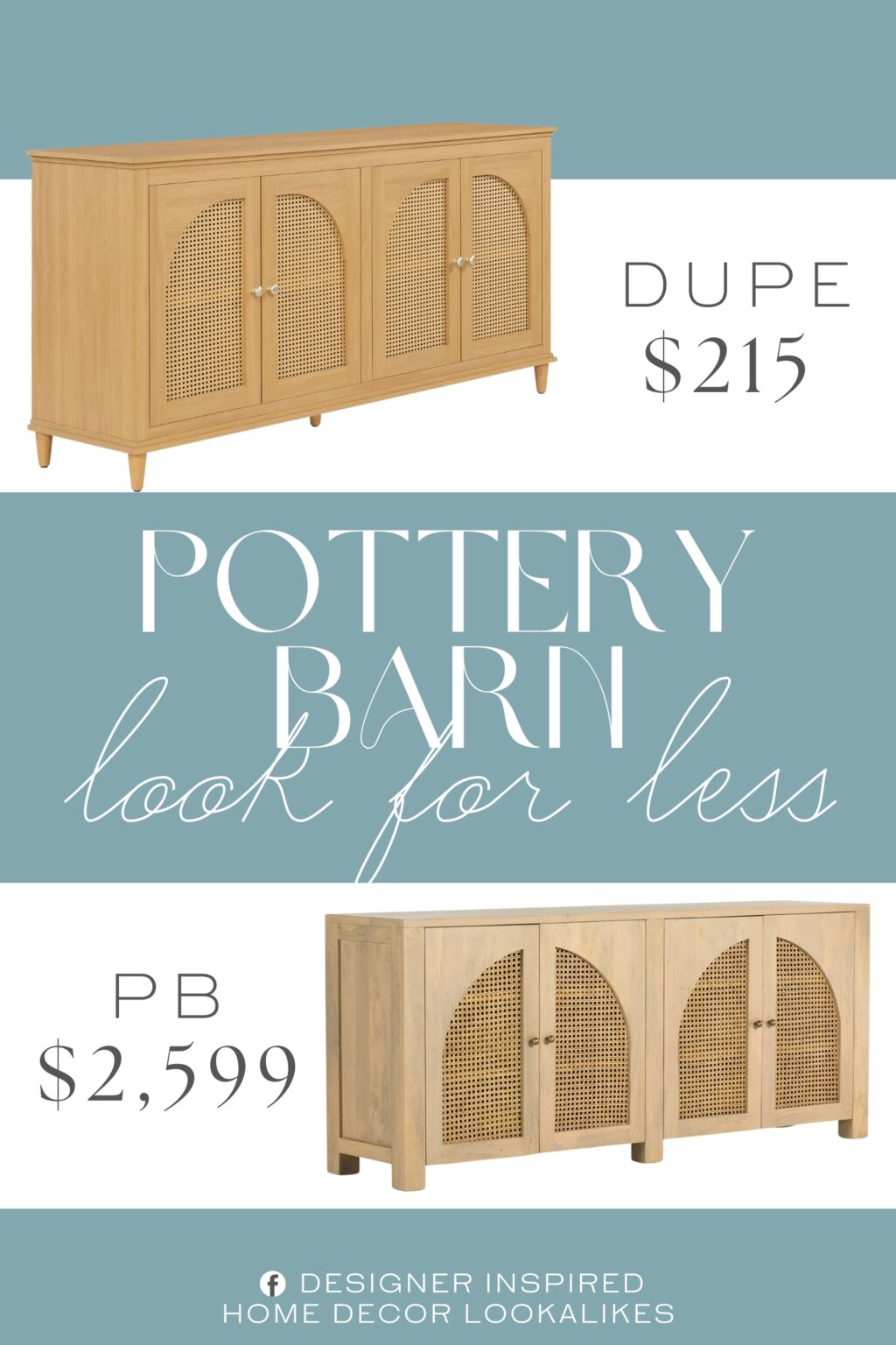 Pottery Barn Barclay 4-Door Buffet Dupe. Features rattan mesh cabinet doors and gold-painted metal hardware for a modern, elegant touch.