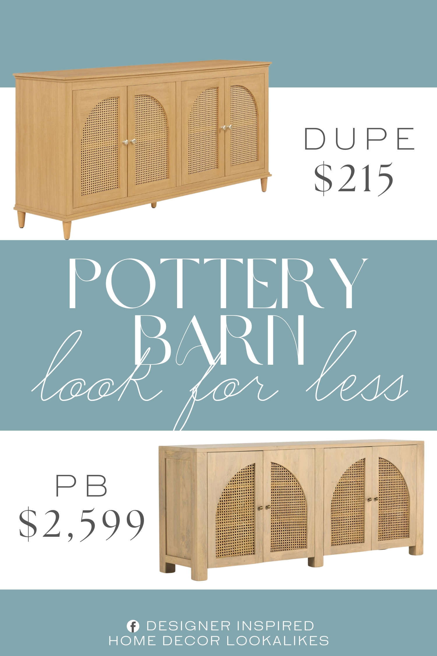 Pottery Barn Barclay 4-Door Buffet Dupe. Features rattan mesh cabinet doors and gold-painted metal hardware for a modern, elegant touch.