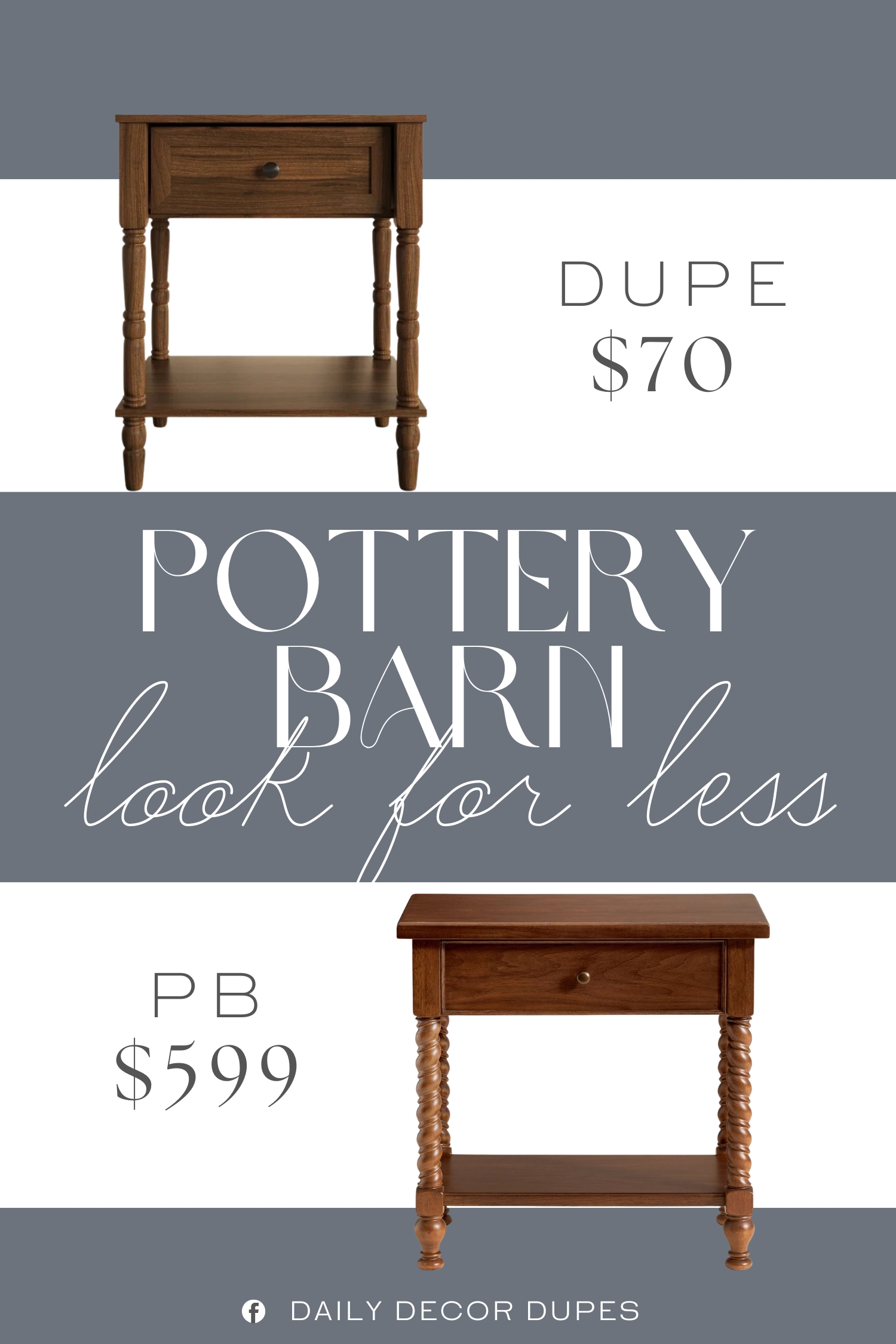 Pottery Barn Barley Nightstand Dupe. It's crafted with a solid and engineered wood frame, and it features turned legs for a classic look in your space.