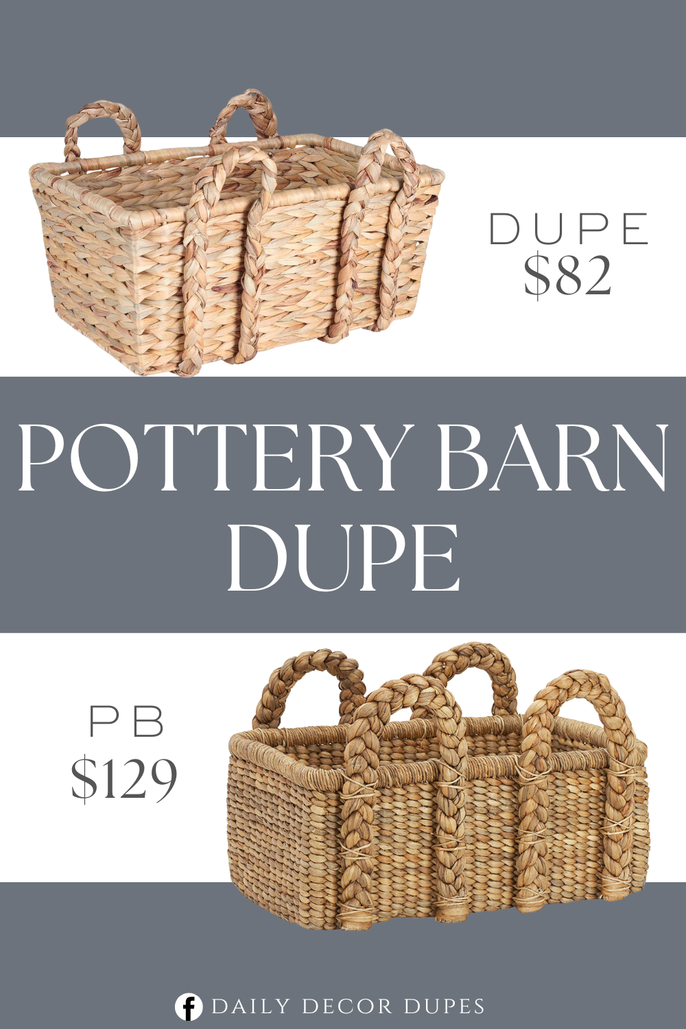 Pottery Barn Beachcomber Handwoven Rectangular Basket Dupe. Large Rectangular Wicker floor basket with Braided handles. Handwoven from water hyacinth.