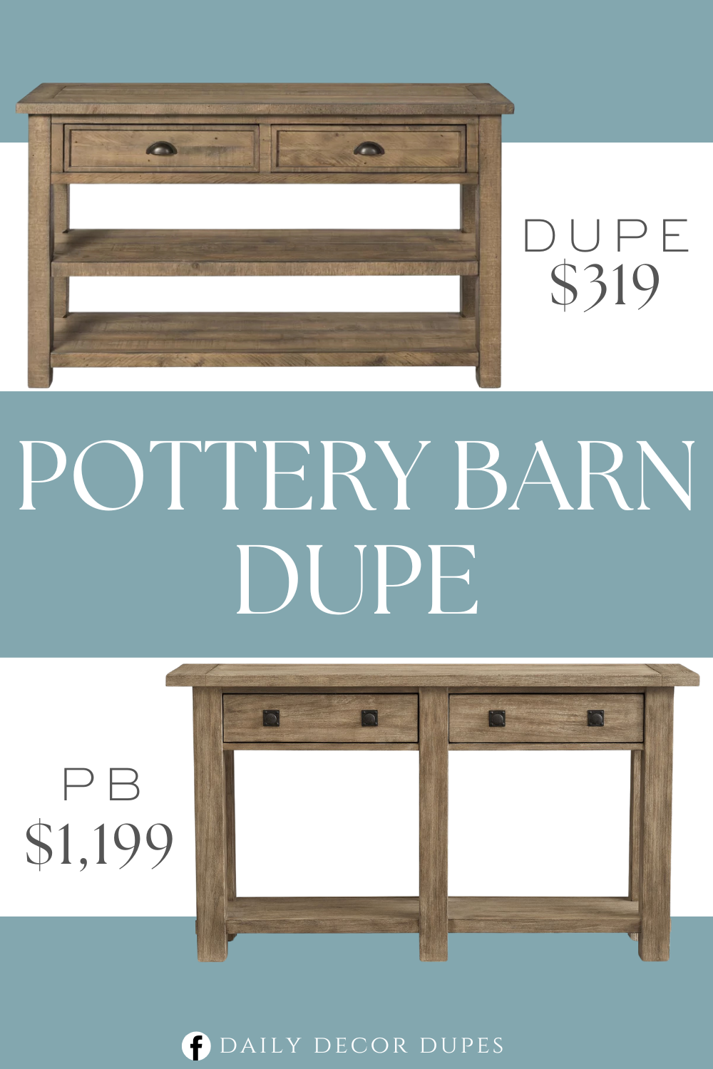 Pottery Barn Benchwright Console Table Dupe. Antique pewter cup pull hardware. Crafted from solid pine wood ensuring durability and longevity. Drawers slide out on smooth ball-bearing roller guides.