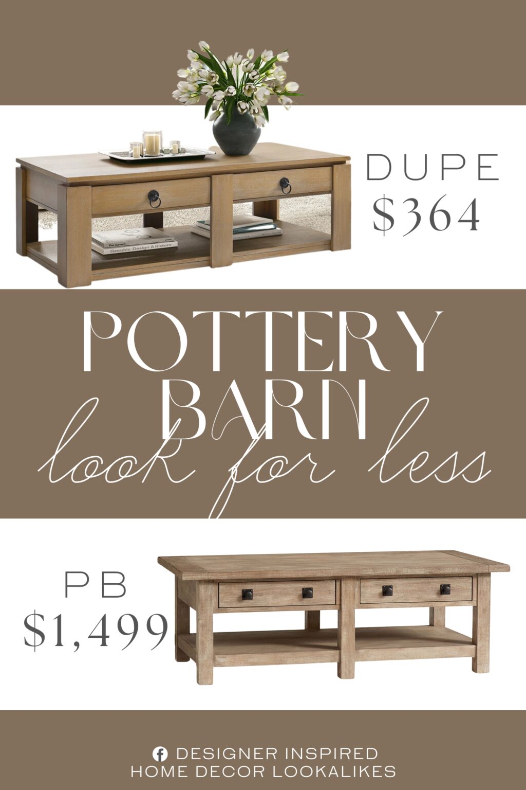 Pottery Barn Benchwright Rectangular Coffee Table Dupe. Features two drawers for tucking away remote controls or small items. Made from engineered wood with a neutral finish.