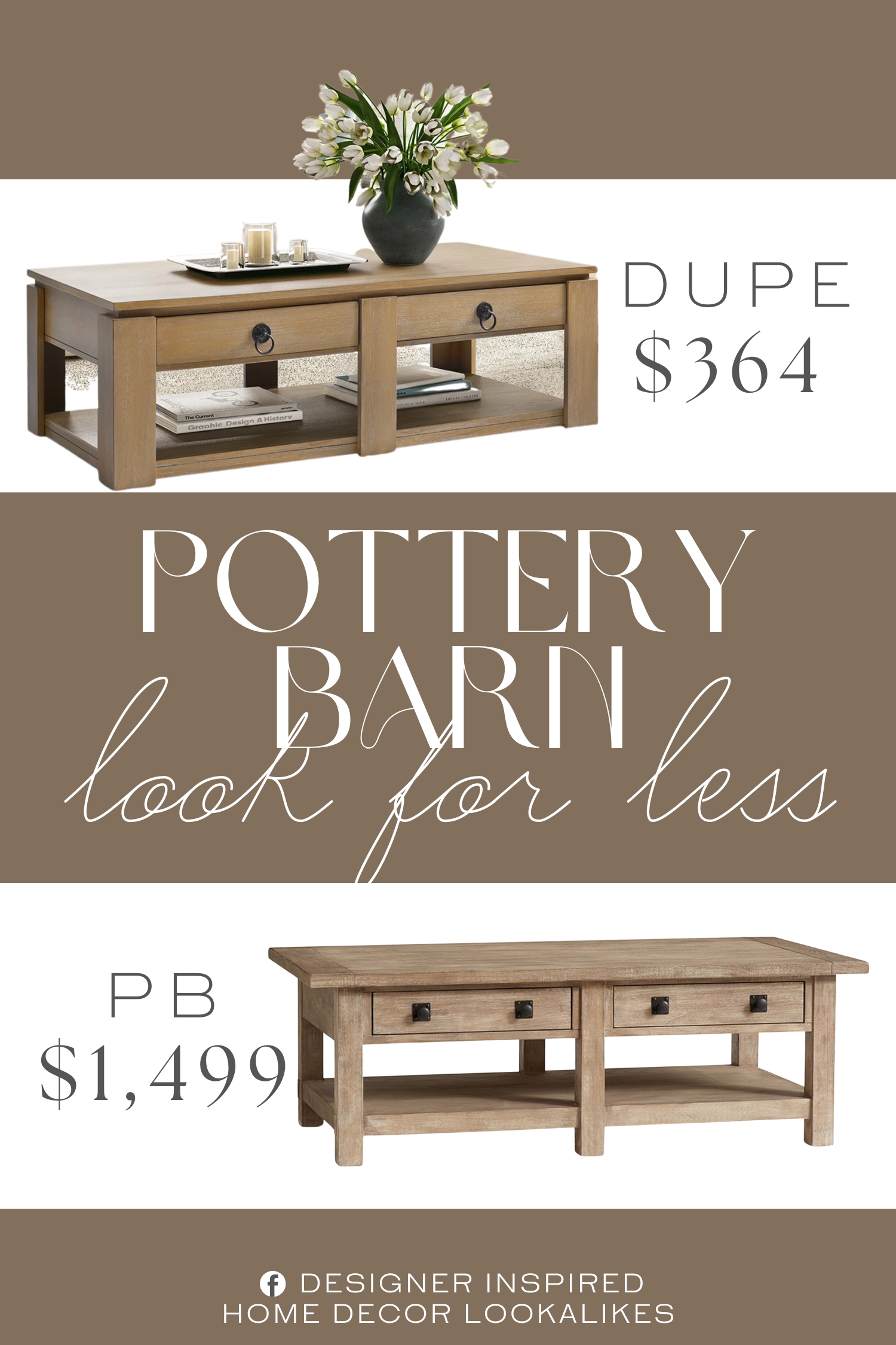 Pottery Barn Benchwright Rectangular Coffee Table Dupe. Features two drawers for tucking away remote controls or small items. Made from engineered wood with a neutral finish.