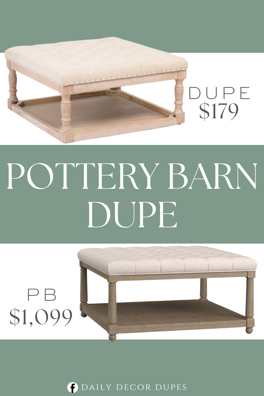 Pottery Barn Berlin Square Ottoman Dupe. Shelf for ample storage, sculpted legs, studded trim, button tufted design, cushion top. White washed finish. Filled with polyurethane foam. Product dimension 34in W x 16.5in H x 34in L.