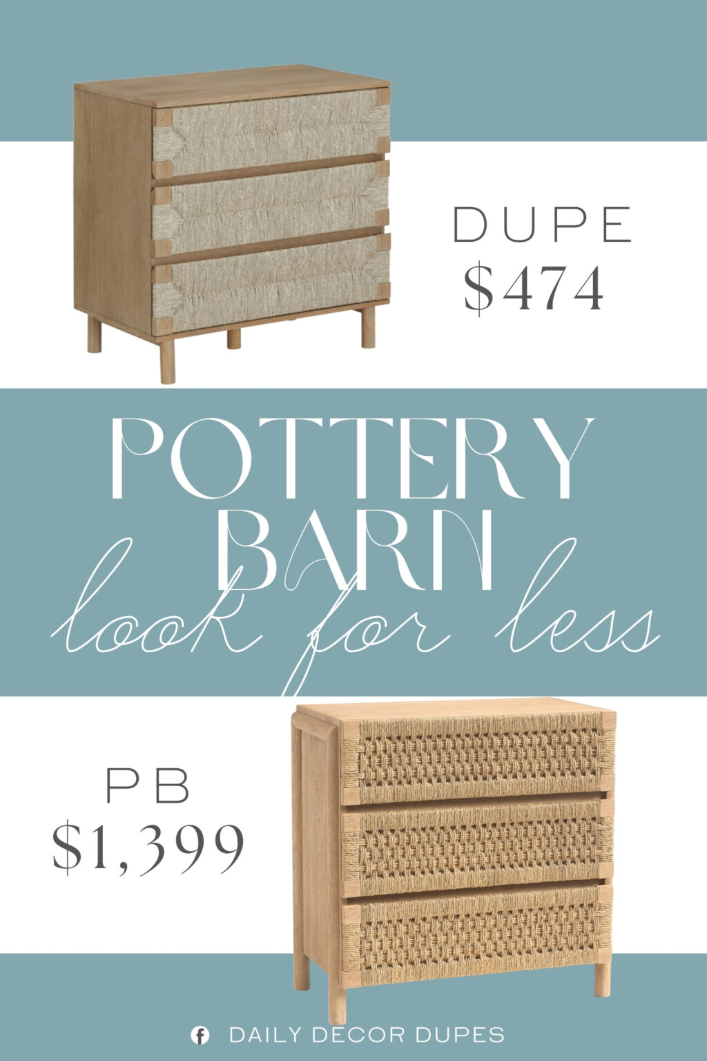 Pottery Barn Bolinas 3-Drawer Woven Dresser Dupe. The woven seagrass drawer fronts add a touch of bohemian texture against its wire brushed finish. It's rustic, modern, and oh so unique. MDF Wood Veneer Seagrass