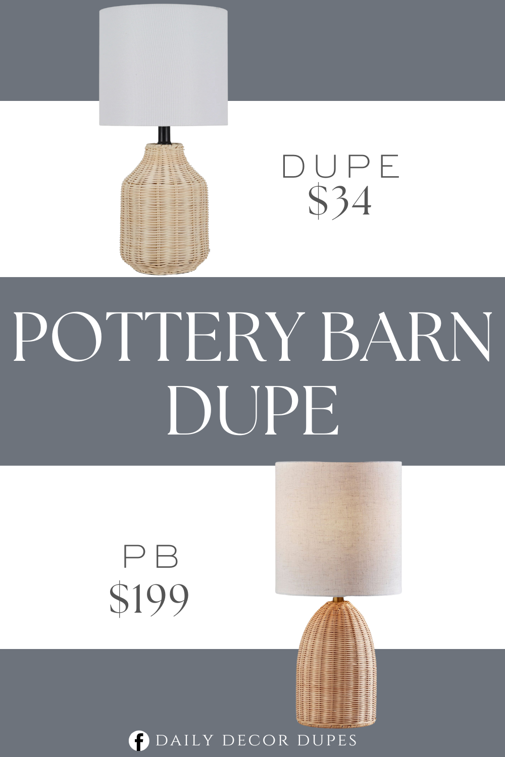 Pottery Barn Braxton Rattan Table Lamp Dupe. Natural woven rattan finish. Woven Rattan Table Lamp. Matte black metal accents. 3-way rotary switch. 5-foot power cord. White fabric shade: 9"x9"x8"H.