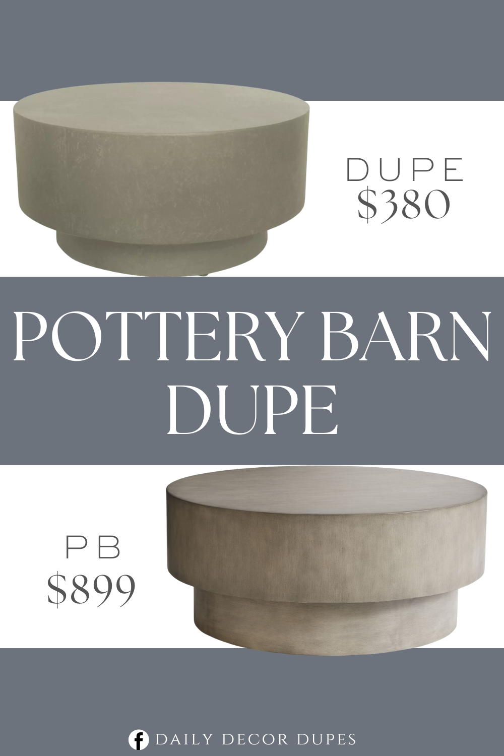 Pottery Barn Byron Round Coffee Table Dupe. It features a rounded block-design tabletop and a round pedestal base in a distressed gray finish to coordinate easily with any decor.