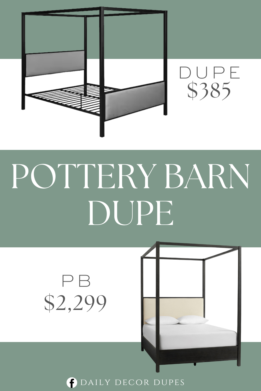 Pottery Barn Calistoga Canopy Bed Dupe. Upholstered headboard and footboard. Center support legs. Minimalistic traditional design. Hand-crafted details. Fabric Material. 100% polyester. Iron frame material.