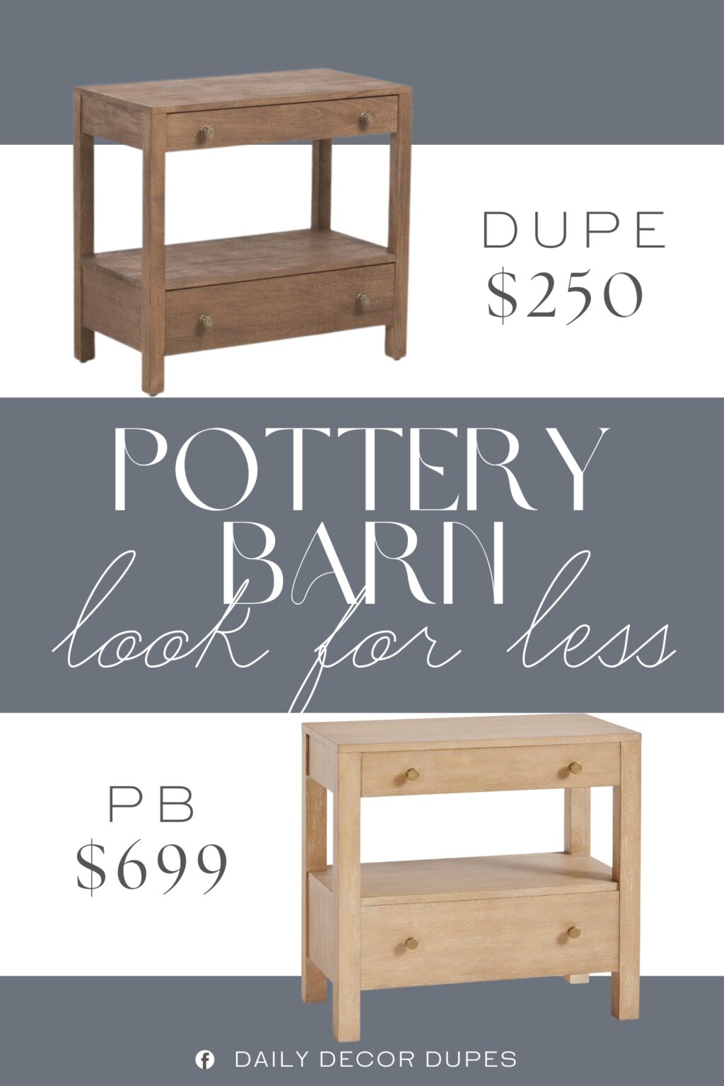 Pottery Barn Calistoga Nightstand Dupe. 2 drawers for ample storage. Wood. gold tone hardware