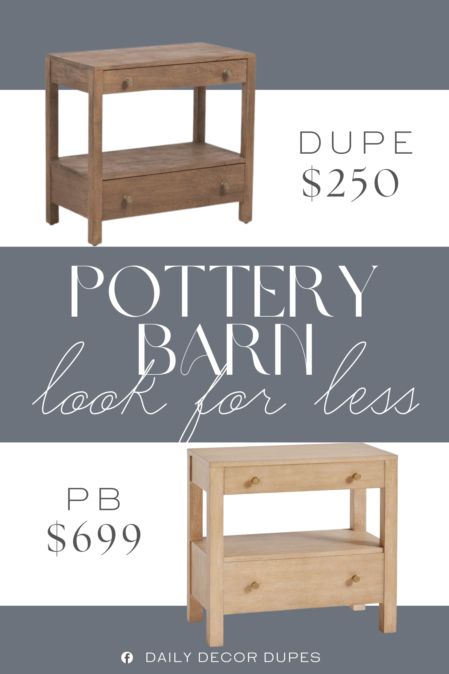 Pottery Barn Calistoga Nightstand Dupe. 2 drawers for ample storage. Wood. gold tone hardware