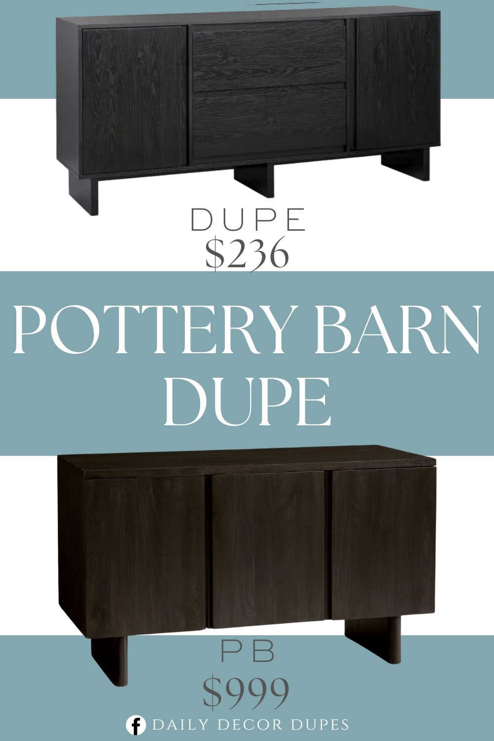 Pottery Barn Cayman Buffet Cabinet Dupe. Modern style. Made from warp-resistant MDF and laminate. Sleek beveled drawer and door fronts. Customizable, with one adjustable shelf per cabinet. Hide cables with cord management cutout. Ideal for storing dishes, books, and media equipment.