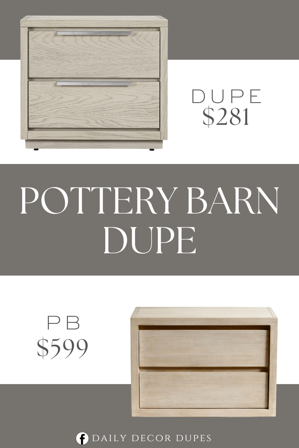 Pottery Barn Cayman Wide Nightstand Dupe. Stainless steel top material. Wood frame material. Square shape. Silver Grey Oak Wood Color. Product dimension 24"D x 17"W x 21"H.