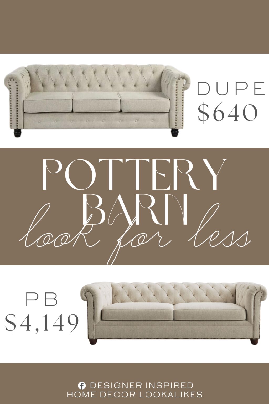 Pottery Barn Chesterfield Roll Arm Sofa Dupe. This piece captures the essence of the traditional Chesterfield sofa with deep button tufting, nail head accents, and turned legs. The upholstery and diamond stitching add a touch of elegance.