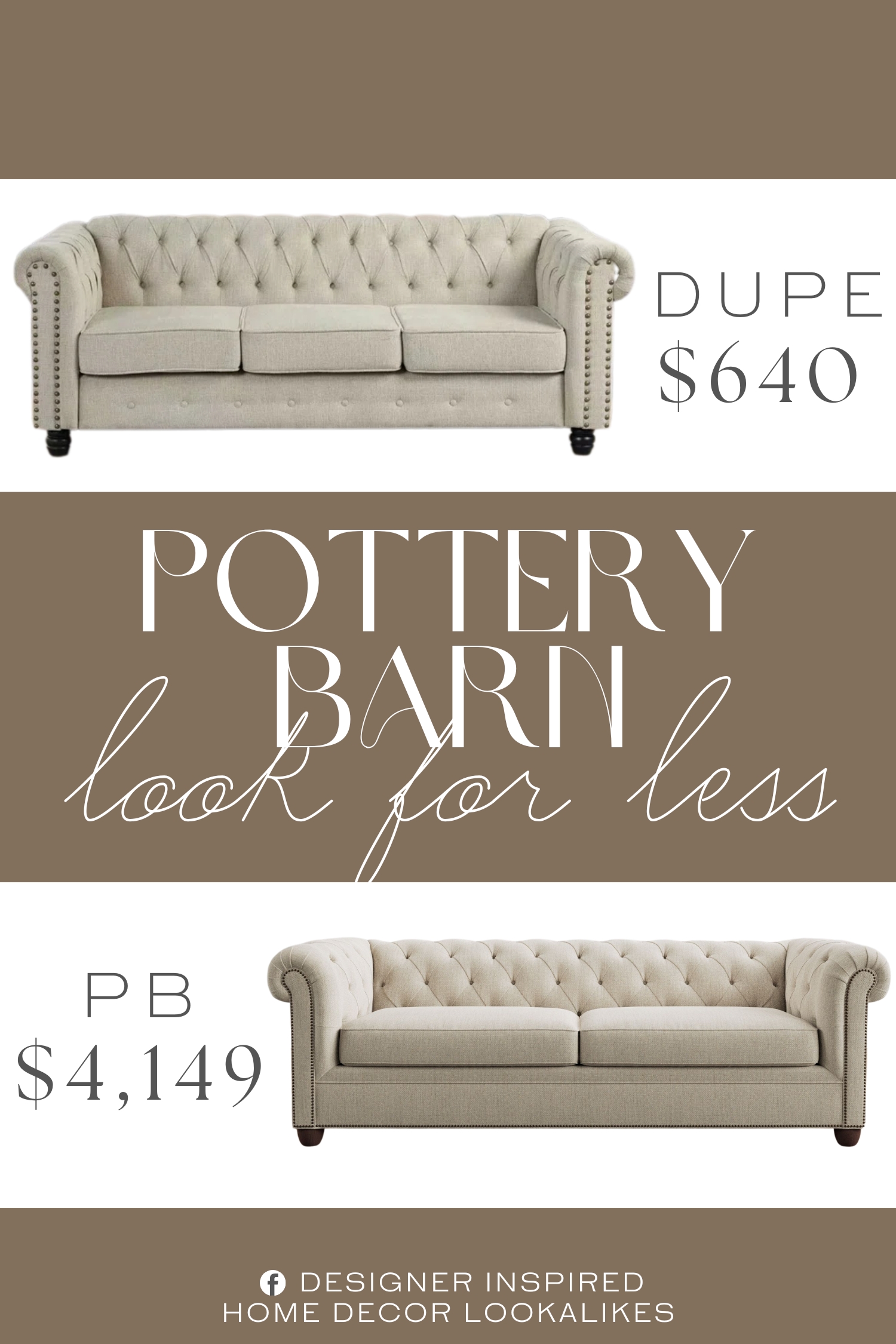 Pottery Barn Chesterfield Roll Arm Sofa Dupe. This piece captures the essence of the traditional Chesterfield sofa with deep button tufting, nail head accents, and turned legs. The upholstery and diamond stitching add a touch of elegance.