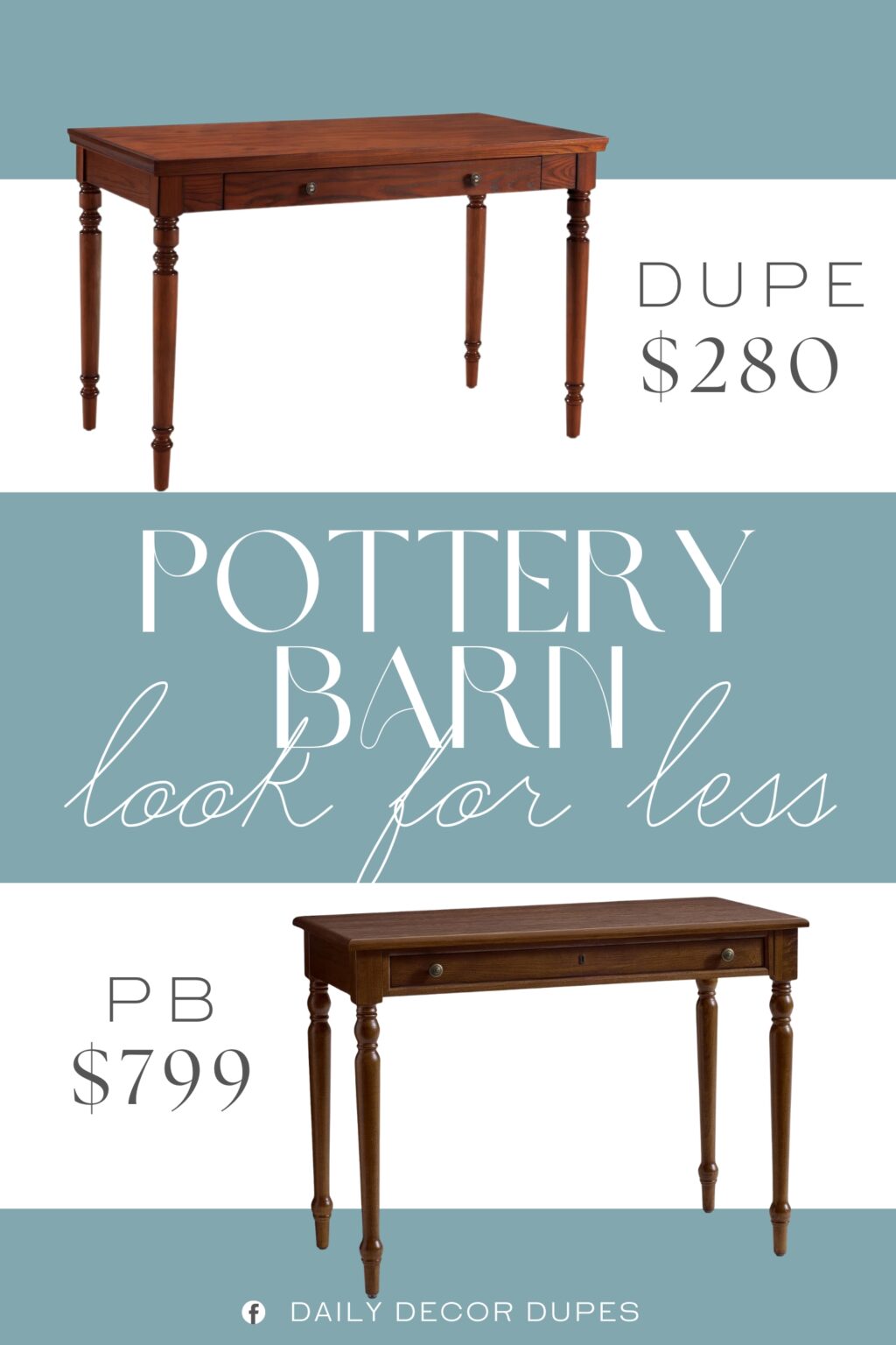 Pottery Barn Chris Loves Julia Modern Writing Desk Dupe. Constructed with solid hardwoods and oak veneers, this desk showcases a traditional turned-leg design in a burnished oak finish for timeless appeal