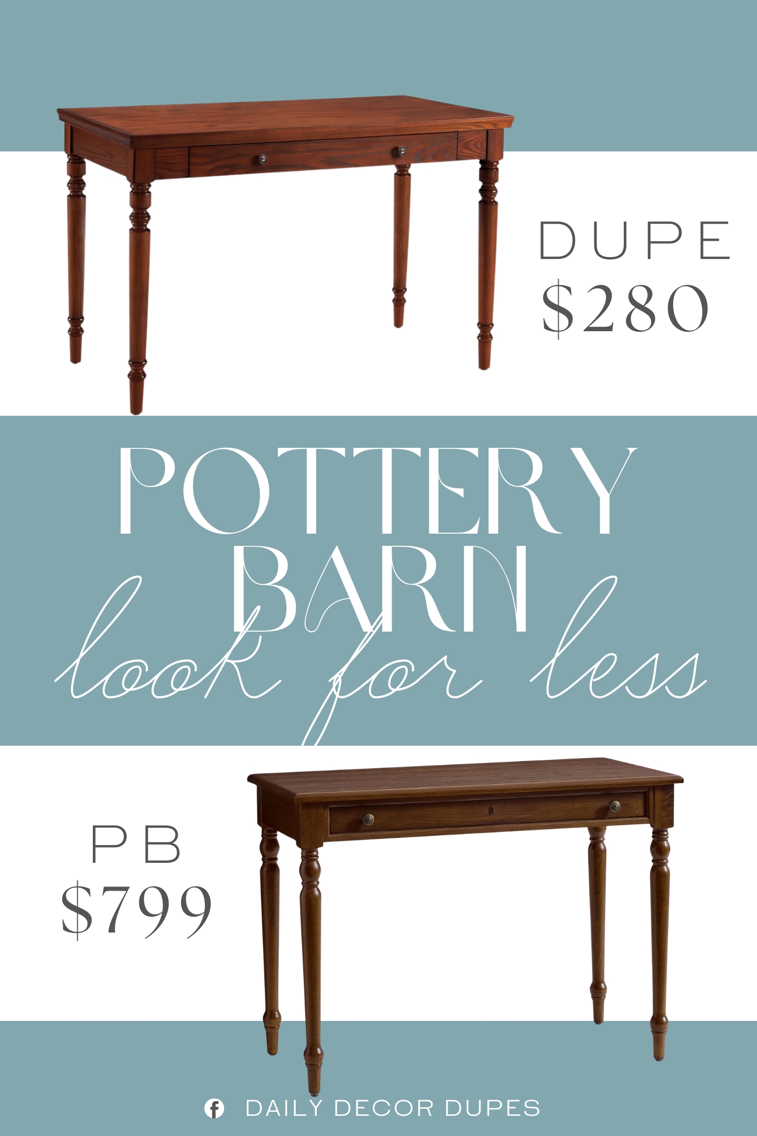 Pottery Barn Chris Loves Julia Modern Writing Desk Dupe. Constructed with solid hardwoods and oak veneers, this desk showcases a traditional turned-leg design in a burnished oak finish for timeless appeal