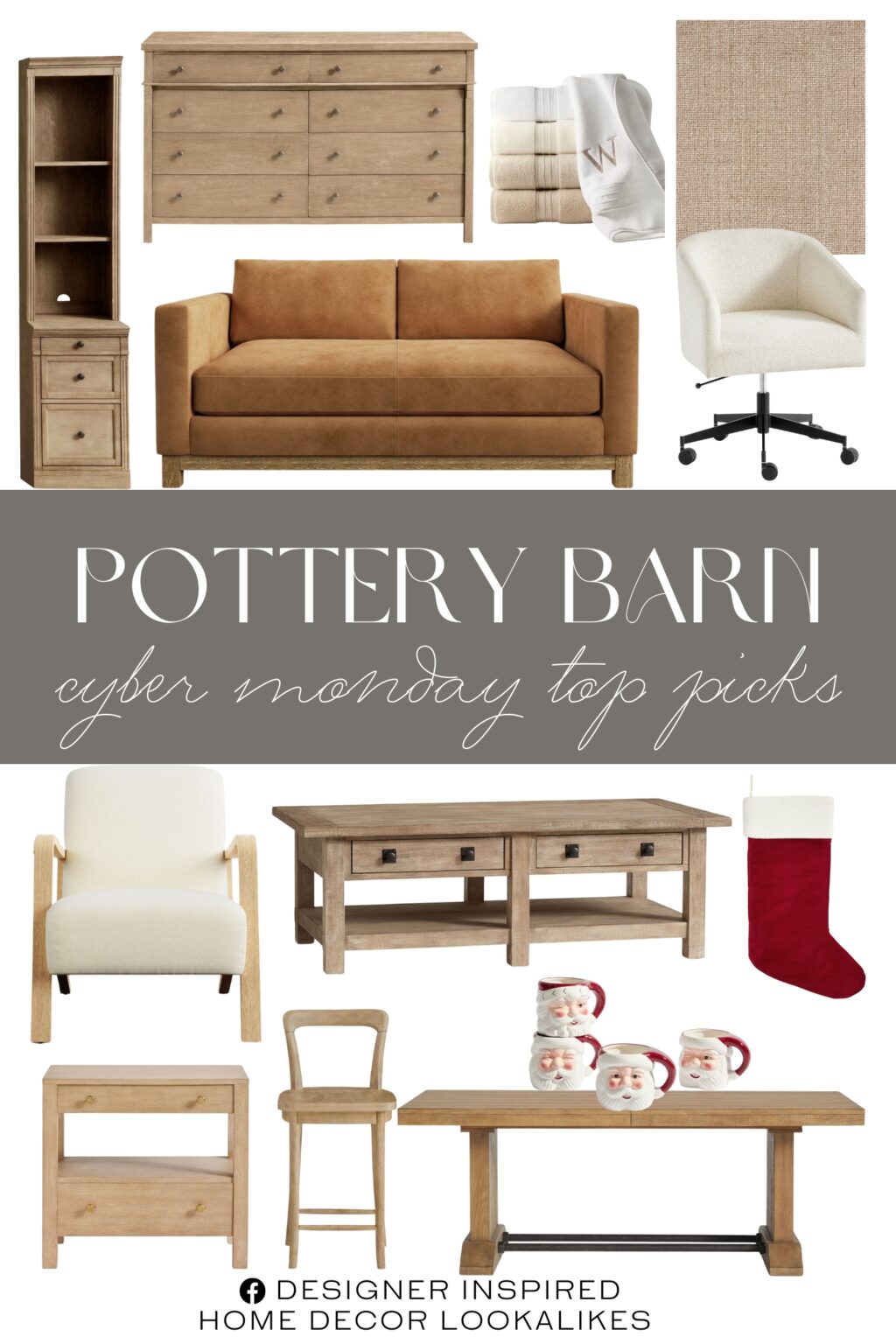 Pottery Barn Cyber Monday Top Picks. Chunky Wool Jute Rug. Calistoga Nightstand (28"). Hydrocotton Quick-Dry Towel. Holiday Ceramic Mug Collection. Fort Extendable Dining Table (80"-102"). Classic Velvet Stockings. Cline Swivel Counter Stool. Jake Leather Seadrift Wood Base Sofa. Atwood Chair. Toulouse 8-Drawer Dresser. Benchwright Rectangular Coffee Table (54"). Livingston Narrow Bookcase with Cabinet (17.5"). Baldwin Upholstered Swivel Desk Chair.