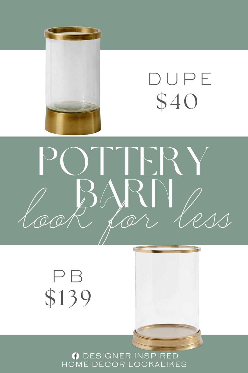 Pottery Barn Daphne Hurricane Candle Holder Dupe. This glass and gold hurricane candle holder features an elegant clear glass body with a subtle bling effect created by its gold base and gold rim. Perfect for adding a touch of luxury to your decor