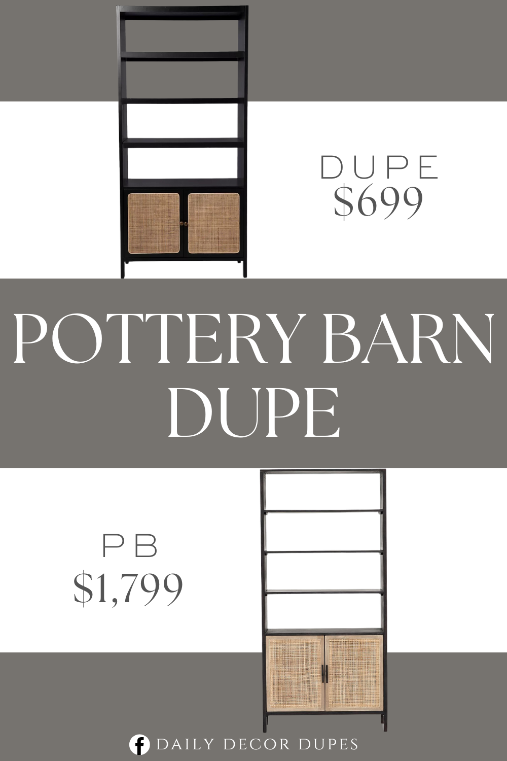 Pottery Barn Dolores Cane Open Bookcase with Doors Dupe. Tall storage bookcase. Features 4 open shelves and 1 cabinet. Black and natural finish. Sliding doors keep clutter hidden. Rattan accents add natural texture.