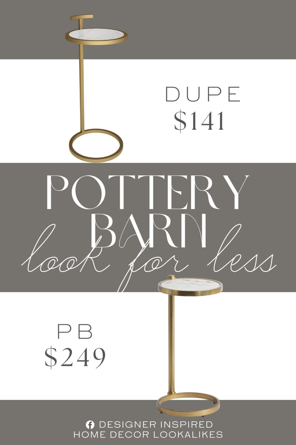 Pottery Barn Everson Round Stone C-Table Dupe. Handcrafted with care using the finest quality solid Marble and Metal. Hand finished in a White Marble and a gold look base and frame. Features a C shape design that allows you to slide it under the couch or chair and includes.