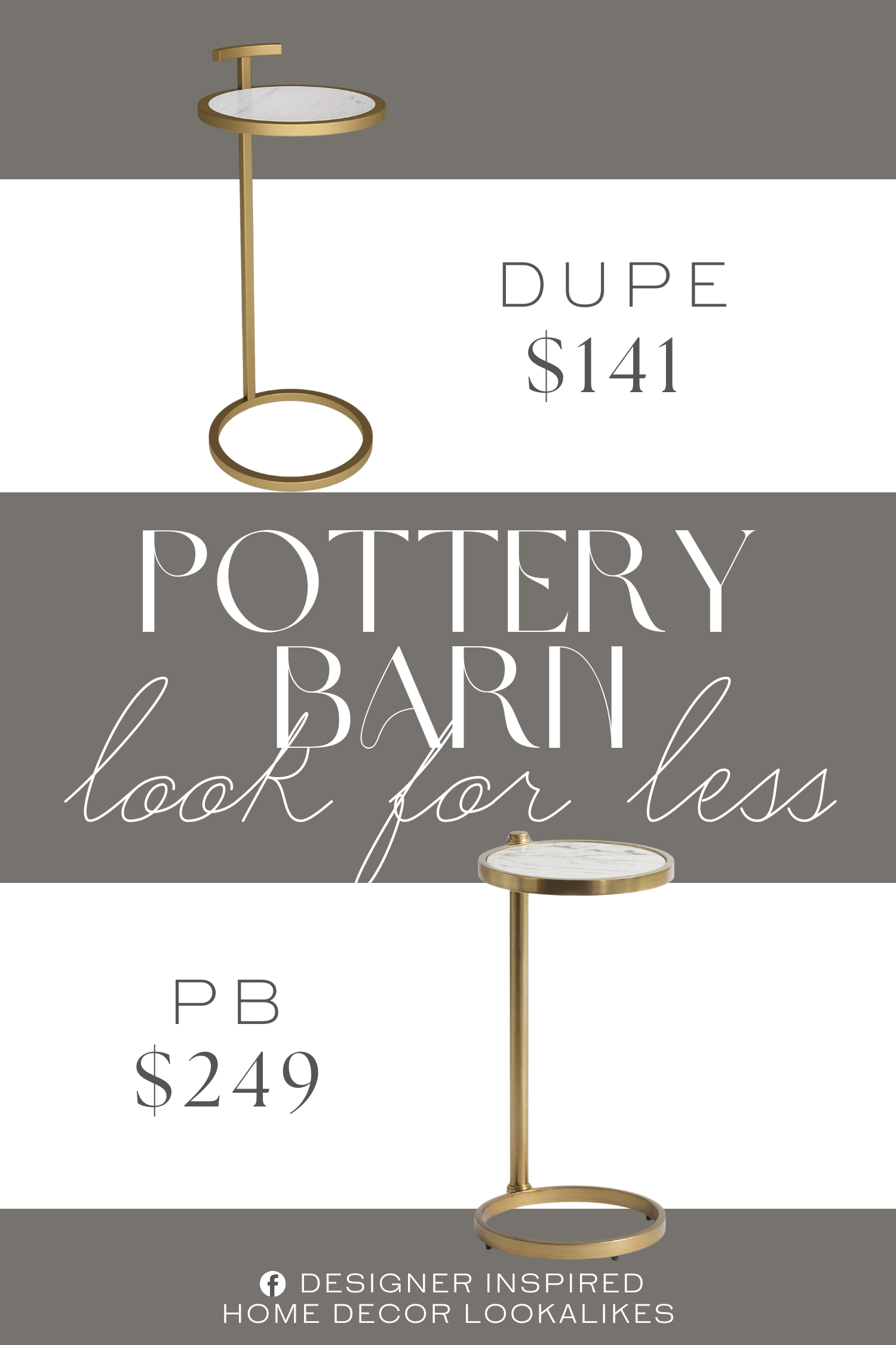 Pottery Barn Everson Round Stone C-Table Dupe. Handcrafted with care using the finest quality solid Marble and Metal. Hand finished in a White Marble and a gold look base and frame. Features a C shape design that allows you to slide it under the couch or chair and includes.