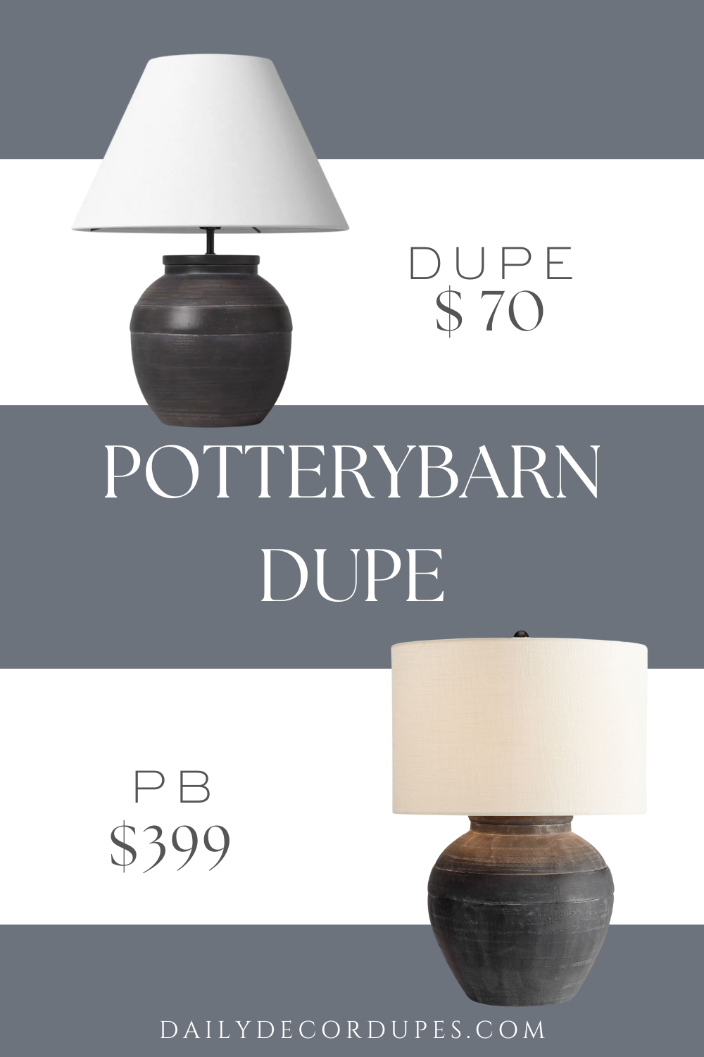 Pottery Barn Faris Ceramic Table Lamp Dupe. Large ceramic lamp adds lighting to any room. Black base with an embossed band detail adds decorative flair. White empire shade brings a crisp look.